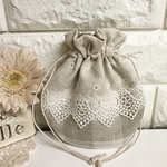 まんまる巾着　ミニ size ナチュラル小花刺繍チェックリネン×ケミカルレース