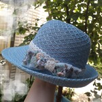 夏帽子にインド刺繍リボン　ブルー