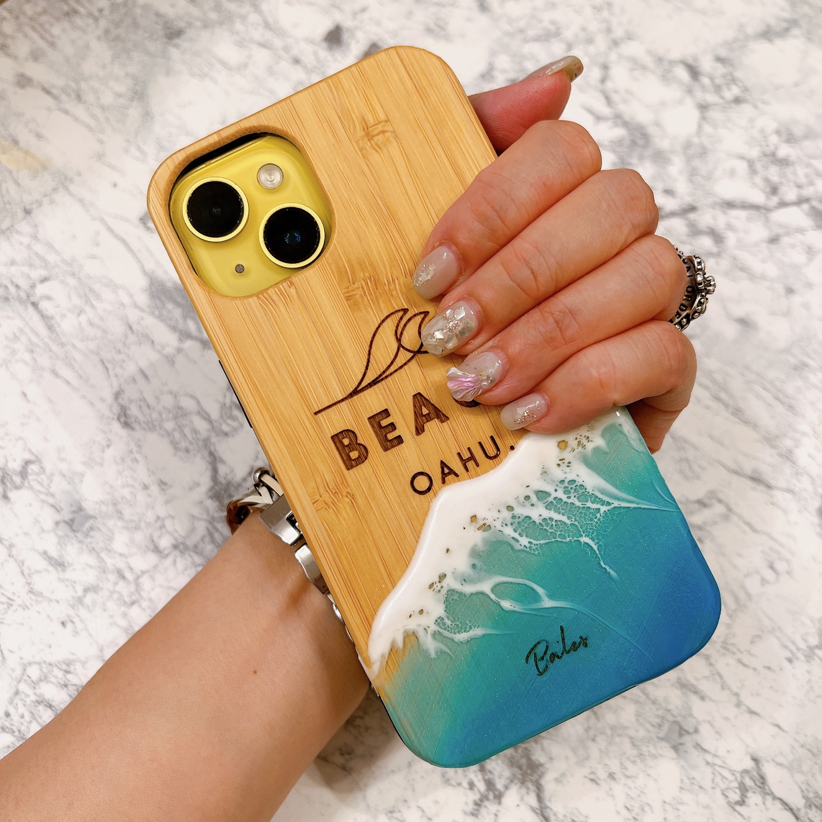 海のスマホケース iPhone 13 14 ケース レジンアート バンブー サイズ