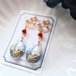 海と珊瑚の耳飾り　ブルー　パール　レジン　縁日　雫　イヤリング　ピアス