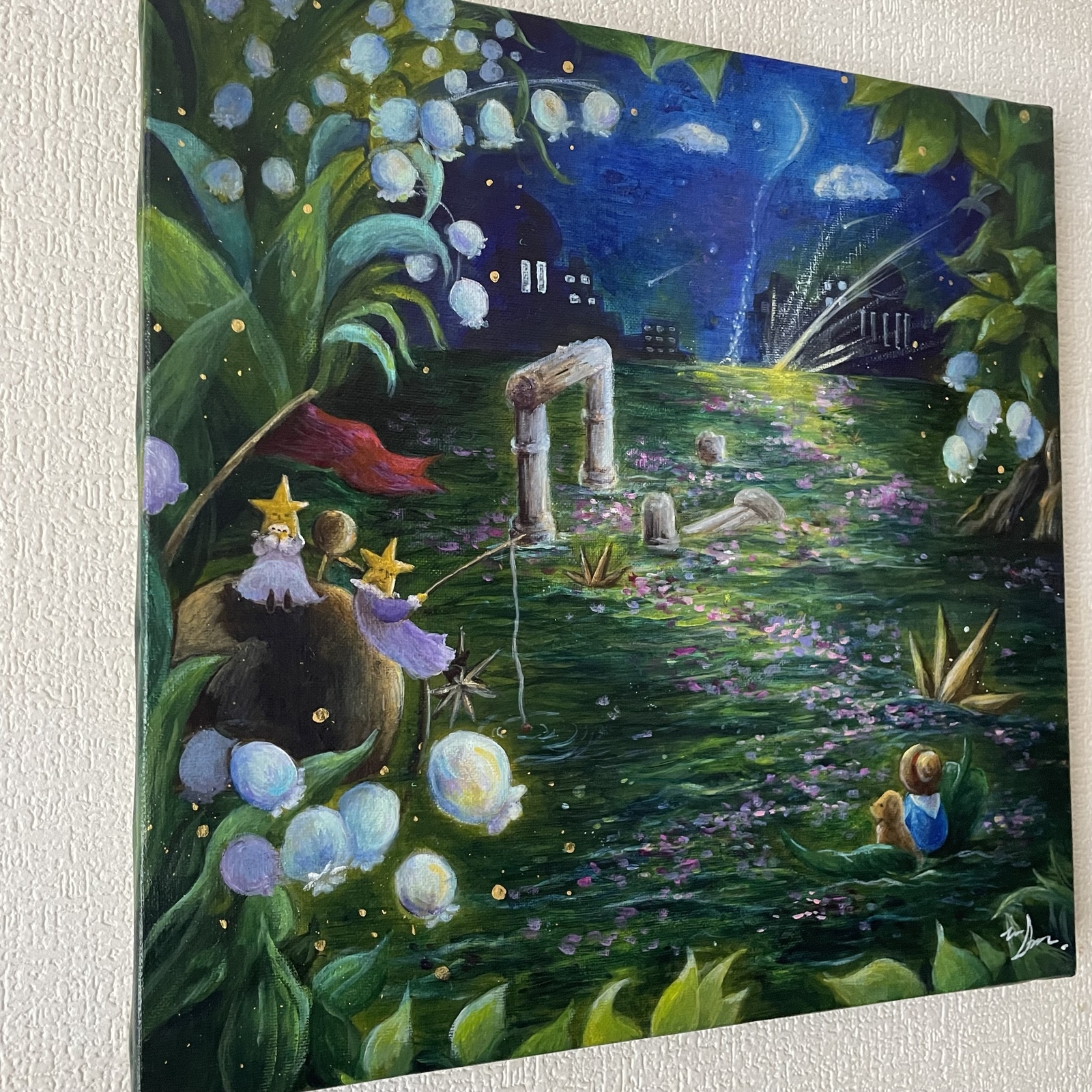 【激安通販 オンラインショップ】 アクリル原画】淡いすずらんとグリーンファンタジーな世界 〜葉 絵画