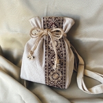 インド刺繍リボンとコットンリネン　巾着バッグ　ショルダーバッグ