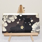 直線口金 長財布☆黒猫と牡丹　焦茶