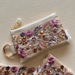 【受注制作🪡】インド刺繍リボンポーチ purpleflower💜カードケース💳 フェイクレザー　再販3
