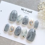 ネイルチップ ｜くすみブルー 宝石ネイル マーメイドネイル 人魚  夏ネイル  マグネットネイル ホワイトネイル ニュアンスネイル
