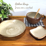  朝食カフェセット❇︎大きめマグ（ブラウン）・水玉模様のお皿（アイボリーイエロー）・ラスク小皿