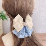 【送料無料 】アンティークホワイト×水色レース ポニーフック バレッタ ゴム ヘアアクセサリー シンプル 入学式 入園式 卒業式 卒園式 袴 大きめ 大きめリボン 発表会 結婚式