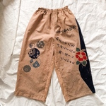 柿渋染め　手ぬぐいリメイク　ワイドパンツ　椿　登山