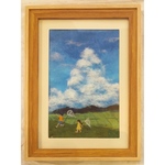 和紙ちぎり絵『入道雲と夏休み』葉書サイズ原画