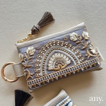 new🤎インド刺繍リボンポーチbeige gray✨カードケース💳 フェイクレザー