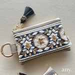 new🤎インド刺繍リボンポーチbeige blue✨カードケース💳 フェイクレザー