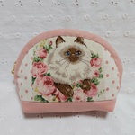 ハンドメイド、猫ちゃん、薔薇柄の中ポーチ、ドット、ピンクバイアステープ