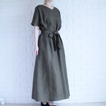 Vネック クルーネック　2WAY マキシ丈ワンピース カーキ リネン１００％　ロングワンピース リネンワンピース　ウエストリボン付き