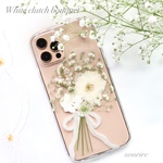 Whiteclutchbouquet𓂃❁⃘𓈒𓏸カスミソウ 押し花 スマホケース　iPhoneケース Xperia Galaxy クリア ブーケ 花  iPhone17 15全機種 クリア 16e 