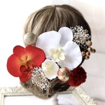 紅白胡蝶蘭、鞠、かすみ草の花嫁和装髪飾り◆成人式や前撮りヘッドドレスに 結婚式