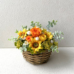 バラとひまわりのかごアレンジ♪薔薇黄色オレンジひまわりプリザーブドフラワー花ブリザードフラワー結婚式誕生日プリザプレゼント誕生日バラギフト花器サプライズ結婚祝い退職祝い卒業祝いリボン 