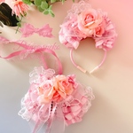 ペット用カチューシャ&チョーカーセット🌹ピンクチェックローズ🎀rondirodori🎀