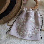 R4刺繍 リネン巾着　グレイッシュピンク