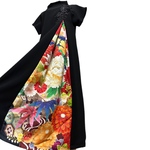 振袖　着物リメイク　和柄　ワンピースドレス　黒×深い赤に松竹梅や菊牡丹　黒花モチーフレース　フレンチスリーブ　モックネック　丈110 M〜XL