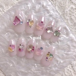 【現品】ネイルチップ ピンク ストーン ビジュー 宝石ネイル ハート ワンホンネイル 韓国 ガーリー