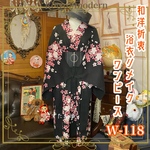 和洋折衷 レトロ 古着 お花 フラワー 浴衣 和 モダン ハンドメイド リメイク ワンピース ブラック/黒×ピンク系 W-118