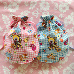 sale❤️1580→1380円レトロバンビちゃん刺繍ワッペン×レトロアニマルギンガム×くまとアヒルピクニック/巾着ポーチ