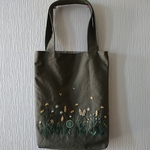 黄色のボタニカルガーデン刺繍　マチ付きトートバック   カーキ色