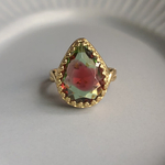 vintageガラスリング　グリーン×レッド　しずく
