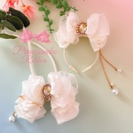 ペット用カチューシャ&チョーカーセット🤍ホワイト&パールチェーン🎀rondirodori🎀安全首輪タイプ🎀 【ネコポス対応】