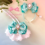 ペット用カチューシャ&チョーカーセット💖ミントグリーン&パール🎀ピアーチェ🎀安全首輪タイプ🎀 【ネコポス対応】