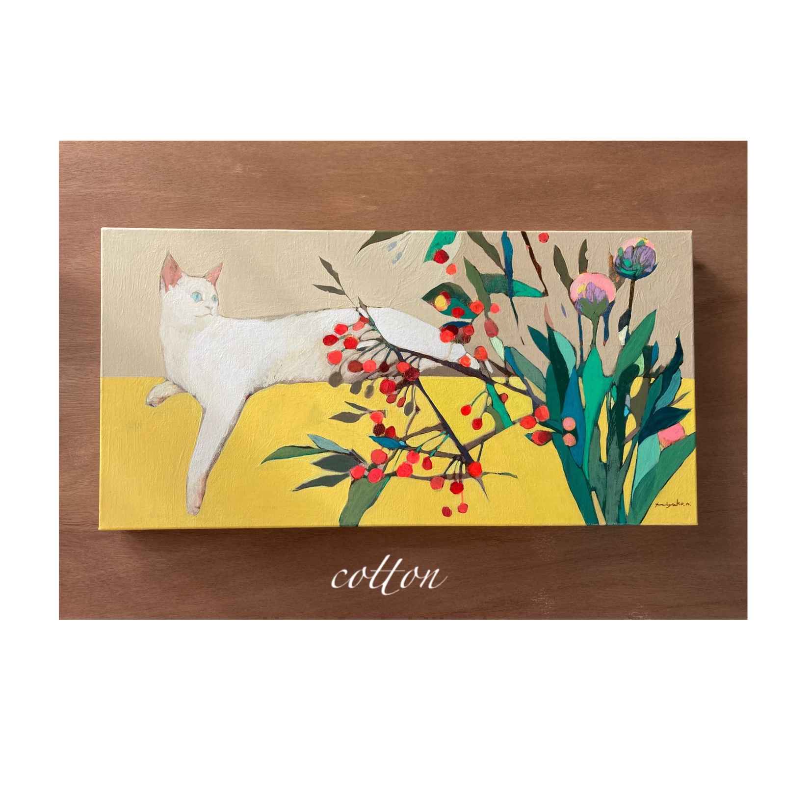 北欧スタイル・キャンバス画「青い目の猫とさくらんぼ」 18,000円