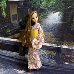 巾着付き！リバティプリントの浴衣と黄色の帯のセット　🩷💛リカちゃんサイズ