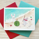 🍉透明水彩画　2枚セット 「うさぎちゃんのスイカ割り」イラストミニカード  バースデーカード ウサギ　兎　海　夏　カニ　貝殻　浜辺　暑中見舞い 残暑見舞い　メッセージカード　お中元　お礼状　フルーツ