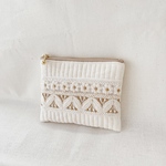 ヌビ生地ポーチ⭐️生成 刺繍リボン 12cmファスナー