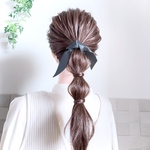 【ブラック】本革 たらりんリボンのポニーフック / ヘアゴム