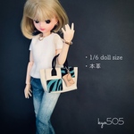 1/6 doll size本革バッグ　青ブラックスクエアデザイン　茶ポーチ