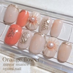 大人気🍊オレンジ　フラワー🍊ぷっくりフラワー　ネイルチップ　オーダー　　大人可愛い　　おゆねいる　ウェディング　成人式　着物　ドレス　ブライダル　韓国ネイル