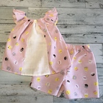 ベビー　手ぬぐいセットアップ（チュニック&ストレートパンツ）まんまる小鳥ピンク