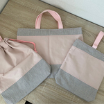 入園入学5点セット♪高学年まで使える！母娘なっとく♡さくらピンクのキャンバス生地⭐︎ヒッコリーデニム切り替えシンプルデザイン(英字タグ白)
