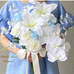 再販×2🍀セット✨カサブランカと胡蝶蘭のウェディングブーケ　ブライダルブーケ🌼ブートニア付き🌼アーティフィシャルフラワーブーケ　サムシングブルー　前撮り　ご結婚祝い　お祝い　プレゼント