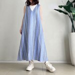 VカットAラインジャンパースカート♪ linen Blue Stripe