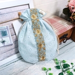 爽やかブルーレース生地・インド刺繍リボン♪丸い巾着ポーチ♡