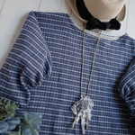 涼しく軽量★しじら織り×のネイビーチェックのまあるいドルマンブラウス
