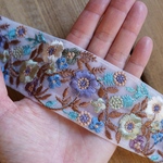 1mカット済【インド刺繍リボン】チュール　刺繍　リボン　りぼん   【ブルー】
