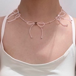 ribbon x heart 3 milky pink 〈ビーズネックレス〉〈リボンネックレス〉