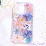 [ご注文品] 押し花iphoneケース＊Sweet pink&purple＊スマホケース 名入れ可能  ラメ・ホロ・スワロフスキー無料 [受注製作]