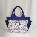 【期間SALE】紺色  サイドポケット トートバッグ 帆布 花柄 