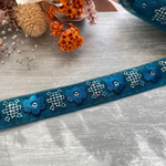 【1mカット済】インド刺繍リボン　花　刺繍リボン　ブルー　青　スパンコール　ハンドメイド　リボン　刺繍