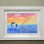 海とイルカのパステルアート　虹色の夕焼け