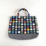 36×30　ネイビー色地電車×ヒッコリー　名前タグ付き　レッスンバッグ